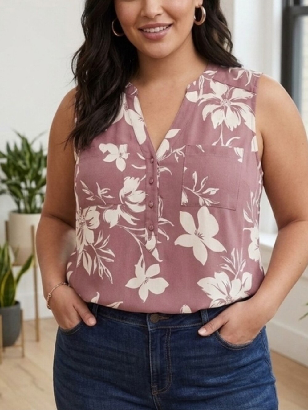 Torrid Plus Size Sleeveless Floral V-Neck Top in Mauve and Cream Size 3 (3X)